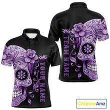 Load image into Gallery viewer, Purple Sugar Skull Tattoo Custom Men Bowling Polo Shirt, Halloween Team Bowling Jerseys IPHW10722
