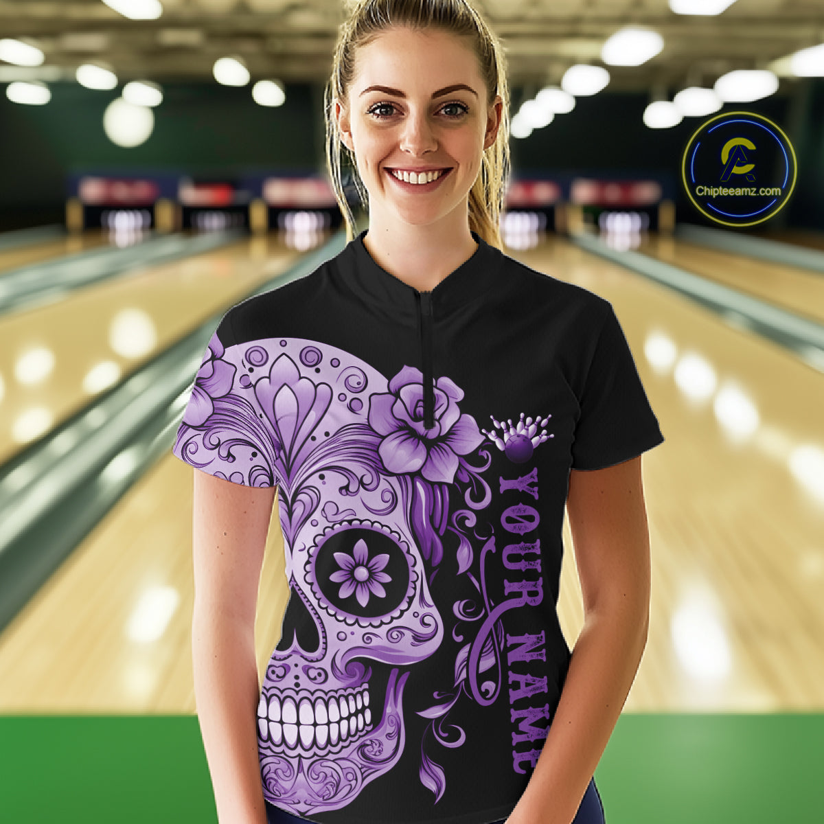 Purple Sugar Skull Tattoo Custom Women Bowling Shirt, Halloween Team Bowling Jerseys IPHW10722