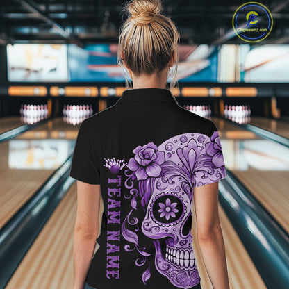 Purple Sugar Skull Tattoo Custom Women Bowling Shirt, Halloween Team Bowling Jerseys IPHW10722