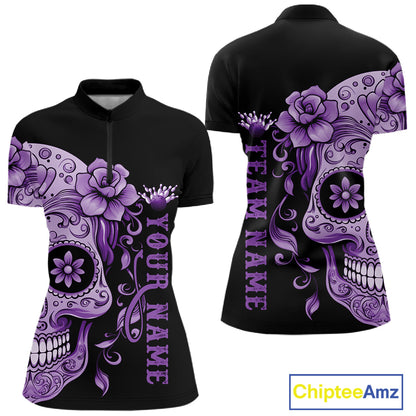 Purple Sugar Skull Tattoo Custom Women Bowling Shirt, Halloween Team Bowling Jerseys IPHW10722
