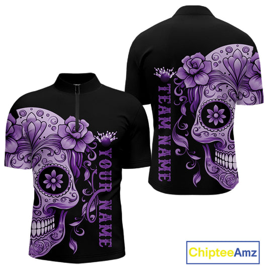 Purple Sugar Skull Tattoo Custom Men Bowling Quarter-Zip Shirt, Halloween Team Bowling Jerseys IPHW10722