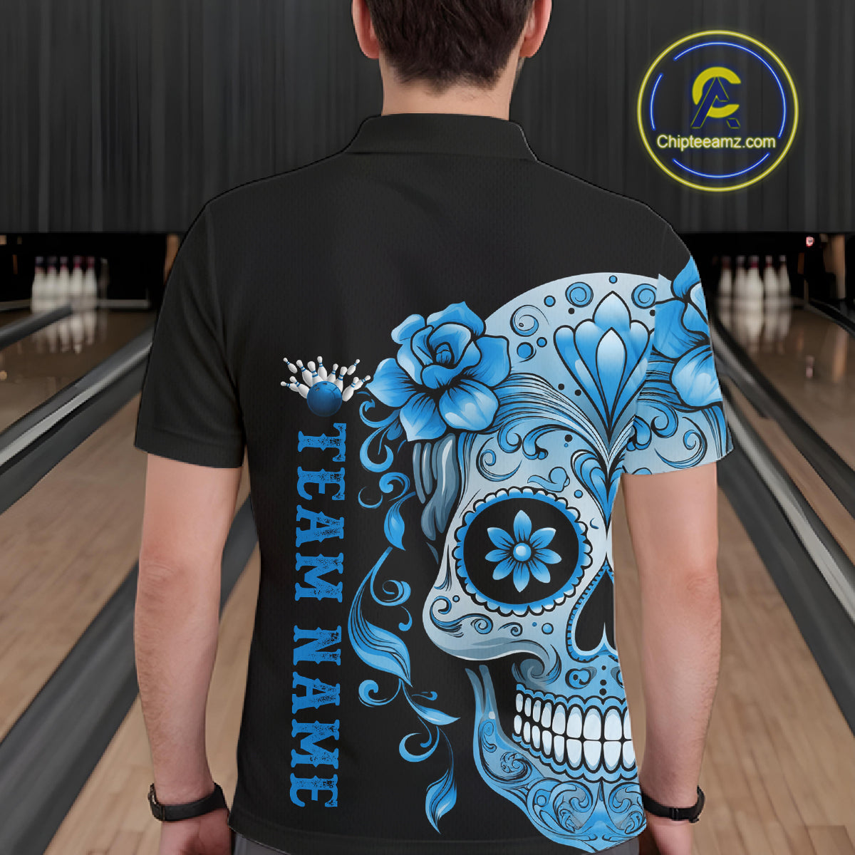 Blue Sugar Skull Tattoo Custom Men Bowling Polo Shirt, Halloween Team Bowling Jerseys IPHW10723