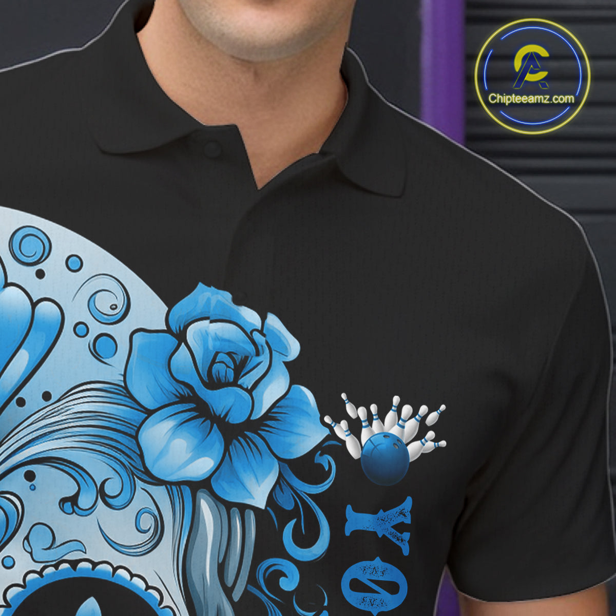 Blue Sugar Skull Tattoo Custom Men Bowling Polo Shirt, Halloween Team Bowling Jerseys IPHW10723