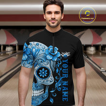 Load image into Gallery viewer, Blue Sugar Skull Tattoo Custom Men Bowling Quarter-Zip Shirt, Halloween Team Bowling Jerseys IPHW10723