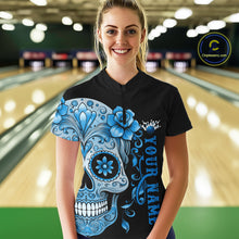 Load image into Gallery viewer, Blue Sugar Skull Tattoo Custom Women Bowling Shirt, Halloween Team Bowling Jerseys IPHW10723