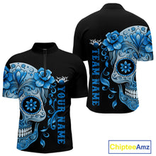 Load image into Gallery viewer, Blue Sugar Skull Tattoo Custom Men Bowling Quarter-Zip Shirt, Halloween Team Bowling Jerseys IPHW10723