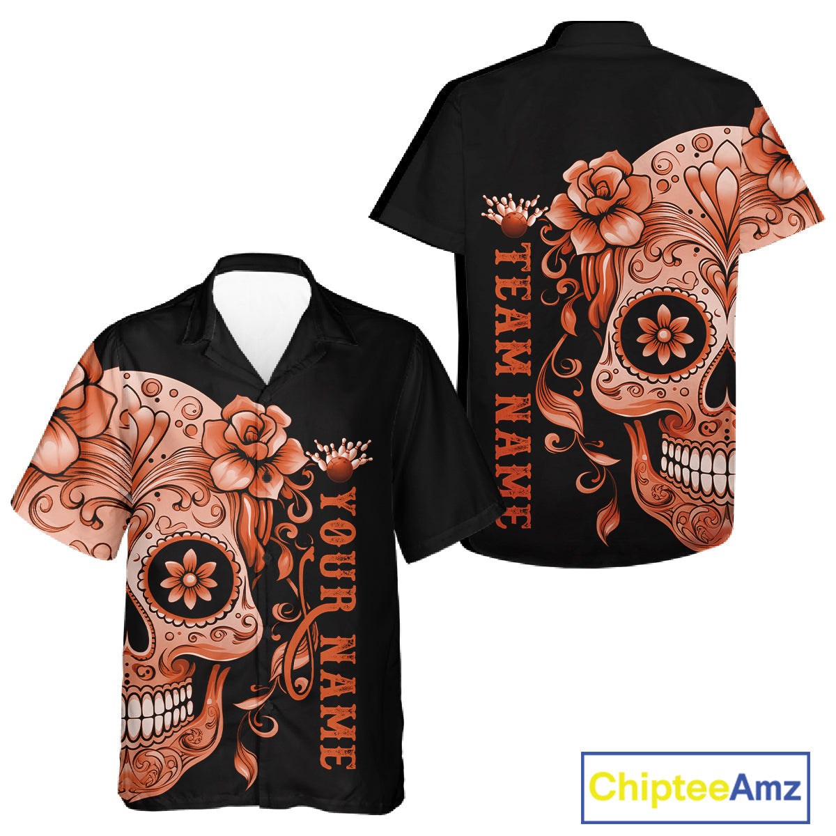 Orange Sugar Skull Tattoo Custom Men And Women Bowling Hawaiian Shirt, Halloween Team Bowling Jerseys IPHW10724