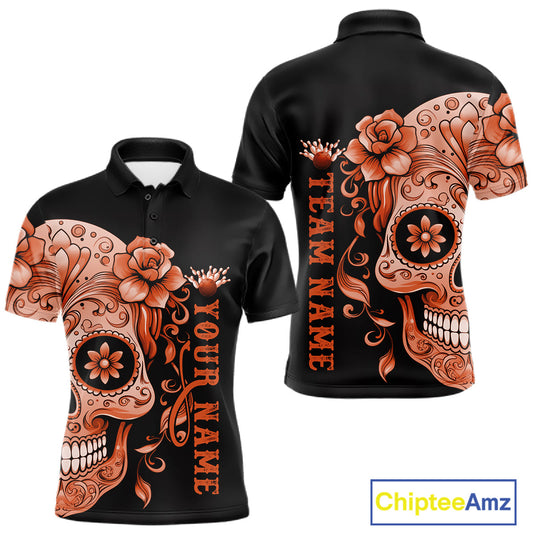 Orange Sugar Skull Tattoo Custom Men Bowling Polo Shirt, Halloween Team Bowling Jerseys IPHW10724