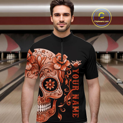 Orange Sugar Skull Tattoo Custom Men Bowling Quarter-Zip Shirt, Halloween Team Bowling Jerseys IPHW10724