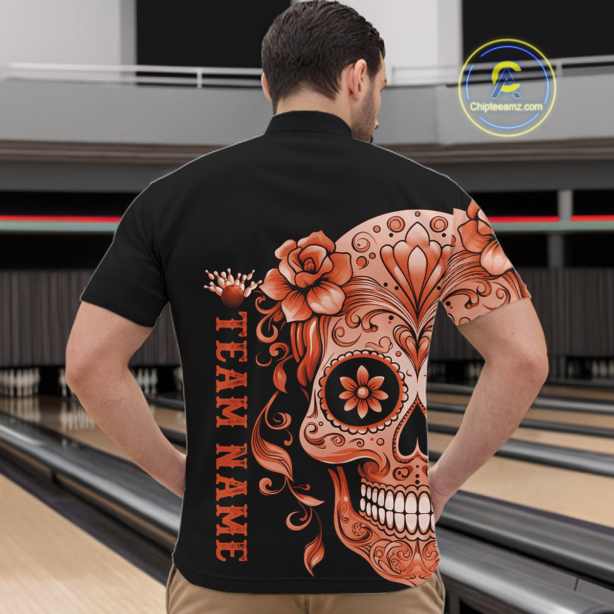 Orange Sugar Skull Tattoo Custom Men Bowling Quarter-Zip Shirt, Halloween Team Bowling Jerseys IPHW10724