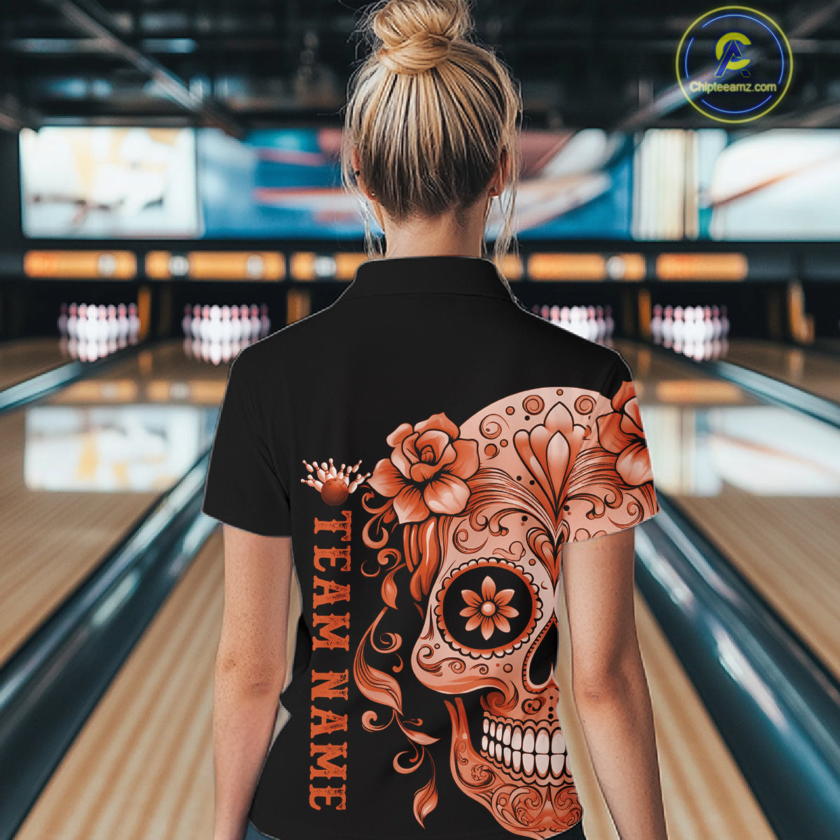 Orange Sugar Skull Tattoo Custom Women Bowling Shirt, Halloween Team Bowling Jerseys IPHW10724