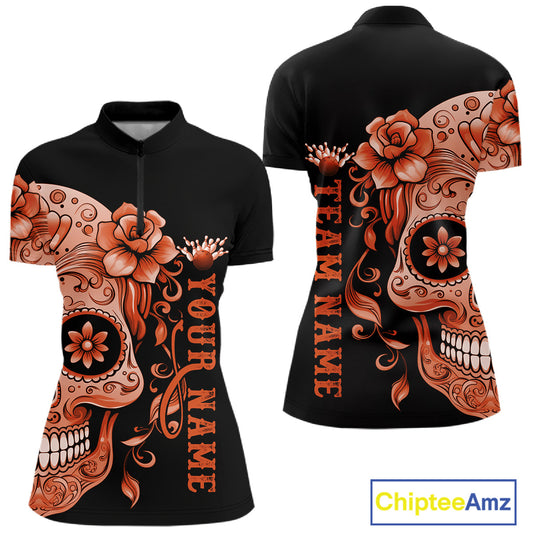 Orange Sugar Skull Tattoo Custom Women Bowling Shirt, Halloween Team Bowling Jerseys IPHW10724