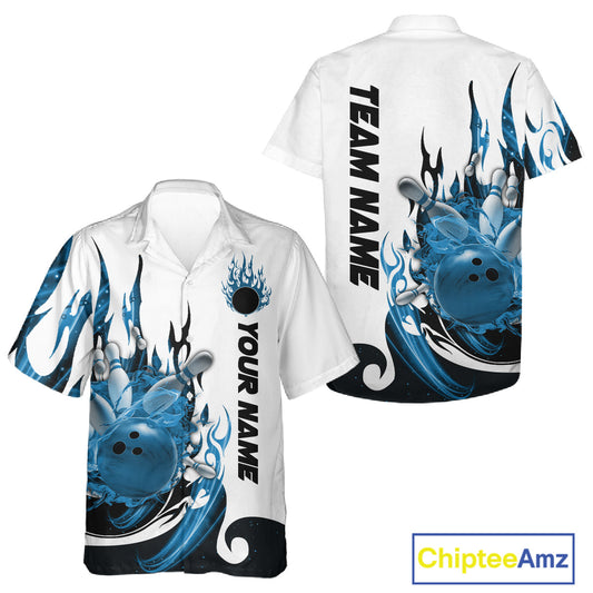 Custom Blue Flame Bowling Team Jerseys, Bowling League Hawaiian Shirt For Men And Women IPHW10725