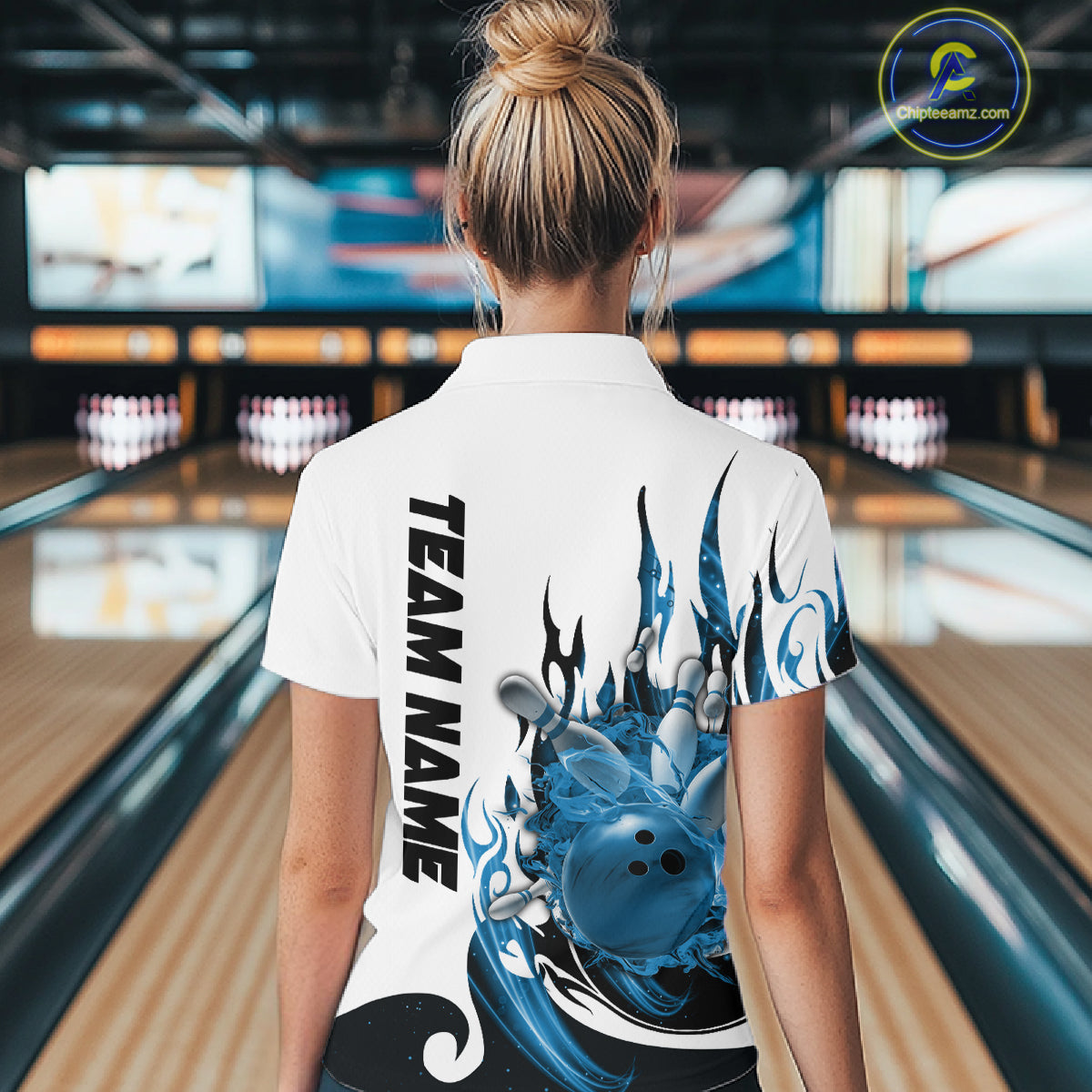 Custom Blue Flame Bowling Team Jerseys, Bowling League Quarter-Zip Shirt For Women IPHW10725