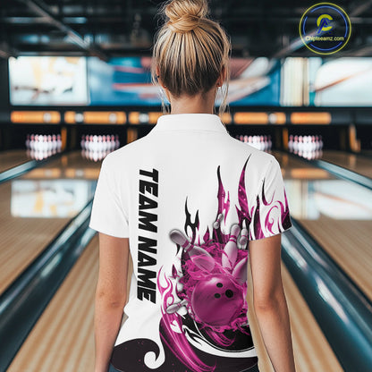 Custom Pink Flame Bowling Team Jerseys, Bowling League Quarter-Zip Shirt For Women IPHW10726