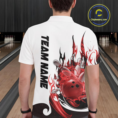Custom Red Flame Bowling Team Jerseys, Bowling League Polo Shirt For Men IPHW10727
