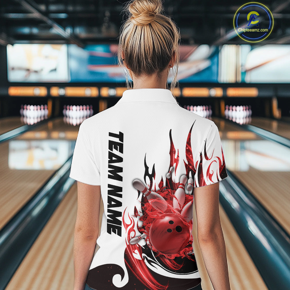 Custom Red Flame Bowling Team Jerseys, Bowling League Quarter-Zip Shirt For Women IPHW10727