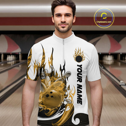 Custom Yellow Flame Bowling Team Jerseys, Bowling League Quarter-Zip Shirt For Men IPHW10728