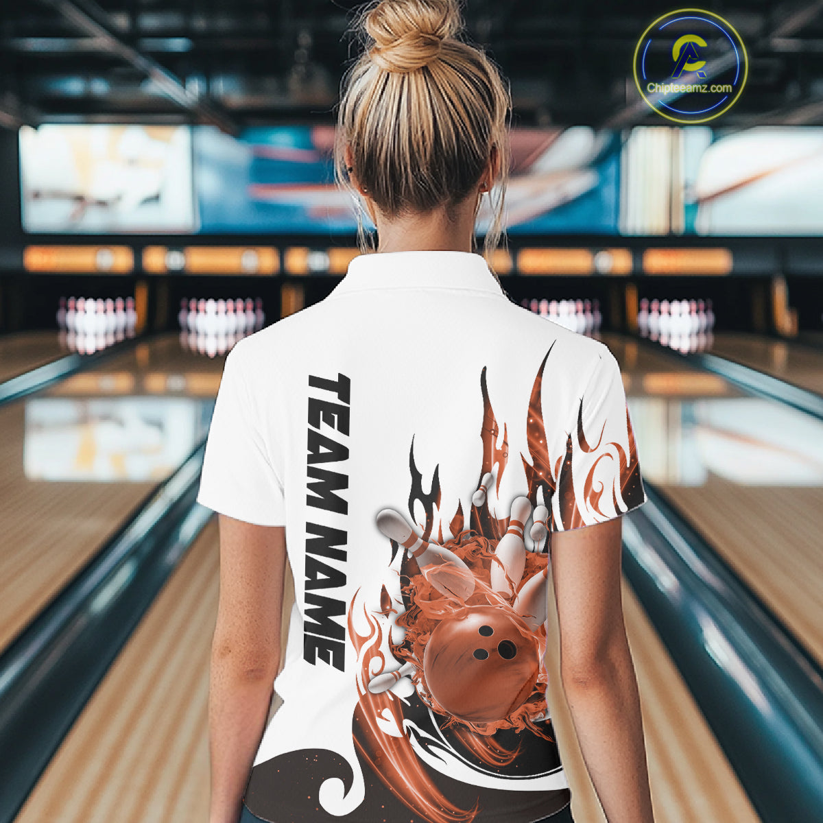 Custom Orange Flame Bowling Team Jerseys, Bowling League Polo Shirt For Women IPHW10729