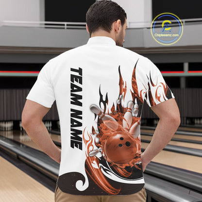 Custom Orange Flame Bowling Team Jerseys, Bowling League Quarter-Zip Shirt For Men IPHW10729