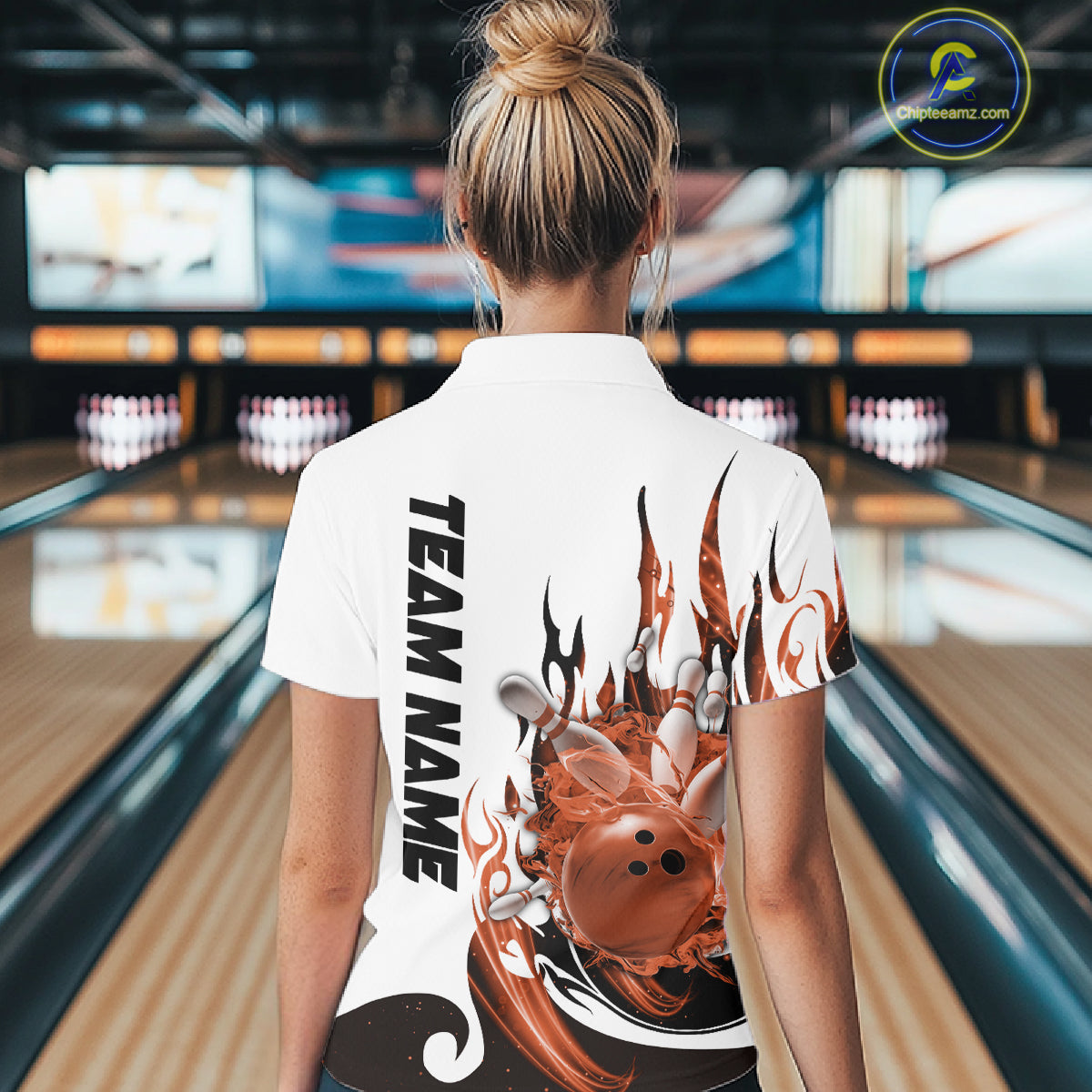 Custom Orange Flame Bowling Team Jerseys, Bowling League Quarter-Zip Shirt For Women IPHW10729