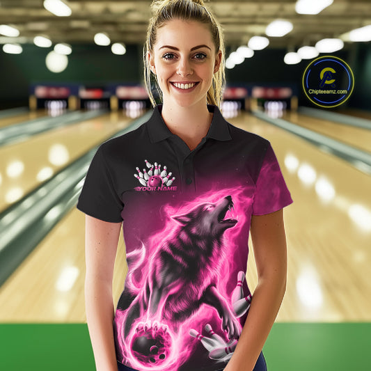 Pink Flame Wolf Custom Bowling Team Shirt For Women, Fire Wolf Bowling Jerseys IPHW10734
