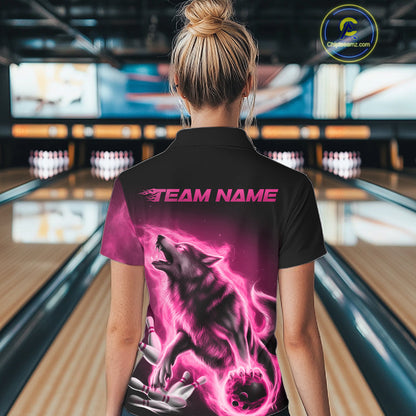 Pink Flame Wolf Custom Bowling Team Shirt For Women, Fire Wolf Bowling Jerseys IPHW10734