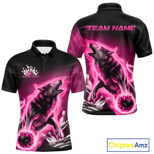 Pink Flame Wolf Custom Bowling Team Shirt For Men, Fire Wolf Bowling Jerseys IPHW10734