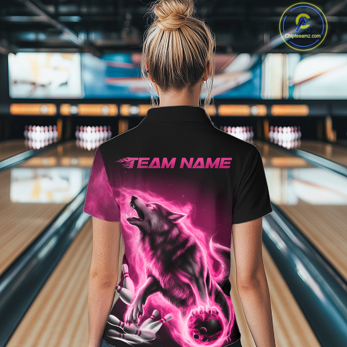 Pink Flame Wolf Custom Bowling Team Shirt For Women, Fire Wolf Bowling Jerseys IPHW10734