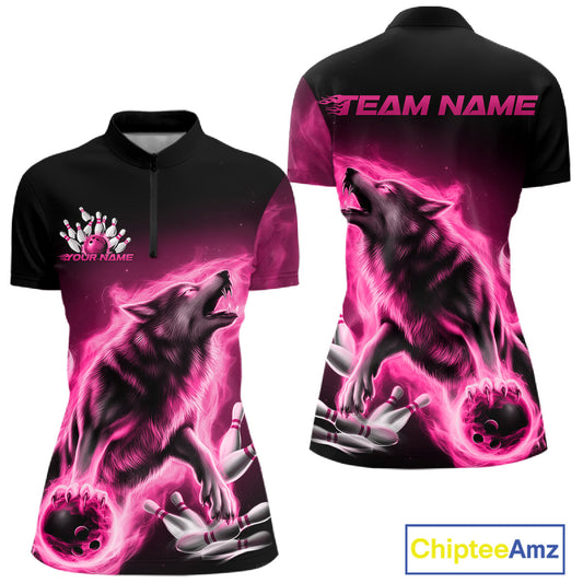 Pink Flame Wolf Custom Bowling Team Shirt For Women, Fire Wolf Bowling Jerseys IPHW10734