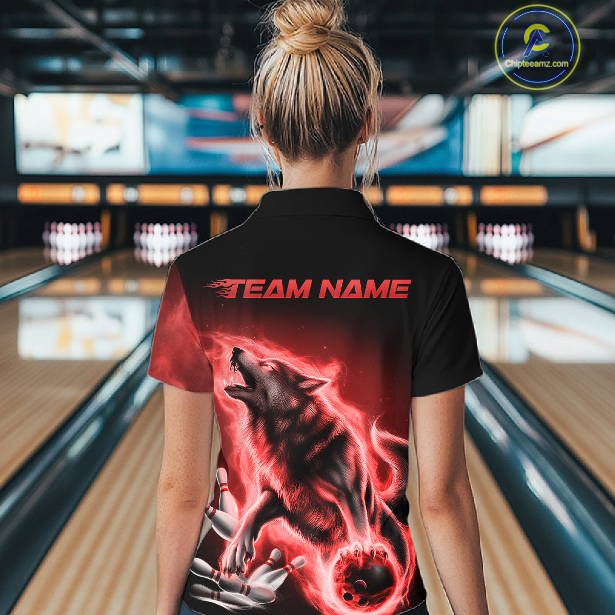 Red Flame Wolf Custom Bowling Team Shirt For Women, Fire Wolf Bowling Jerseys IPHW10735