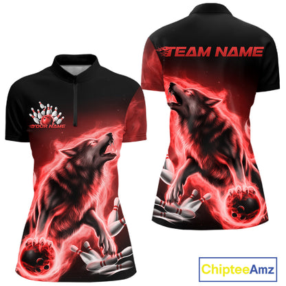 Red Flame Wolf Custom Bowling Team Shirt For Women, Fire Wolf Bowling Jerseys IPHW10735