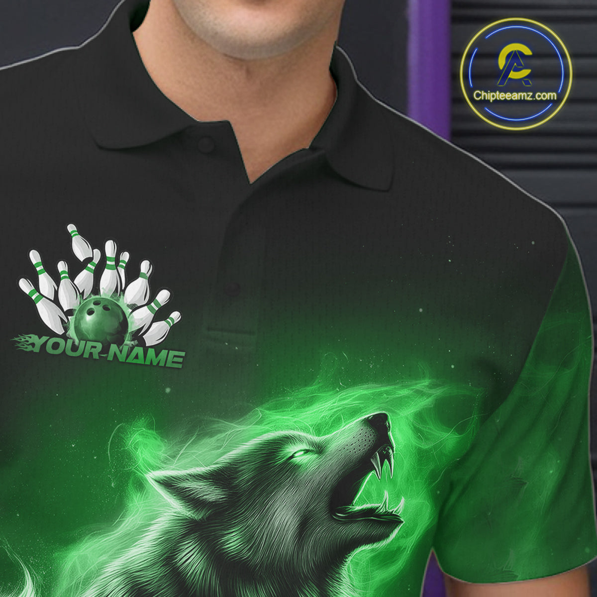 Green Flame Wolf Custom Bowling Team Shirt For Men, Fire Wolf Bowling Jerseys IPHW10736