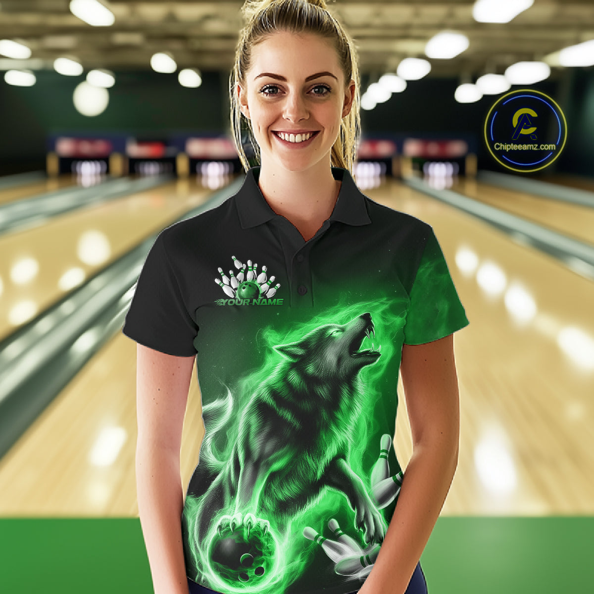 Green Flame Wolf Custom Bowling Team Shirt For Women, Fire Wolf Bowling Jerseys IPHW10736