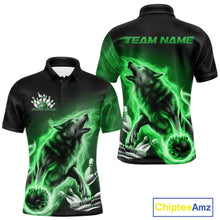 Load image into Gallery viewer, Green Flame Wolf Custom Bowling Team Shirt For Men, Fire Wolf Bowling Jerseys IPHW10736