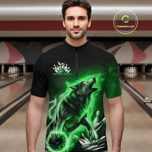 Load image into Gallery viewer, Green Flame Wolf Custom Bowling Team Shirt For Men, Fire Wolf Bowling Jerseys IPHW10736