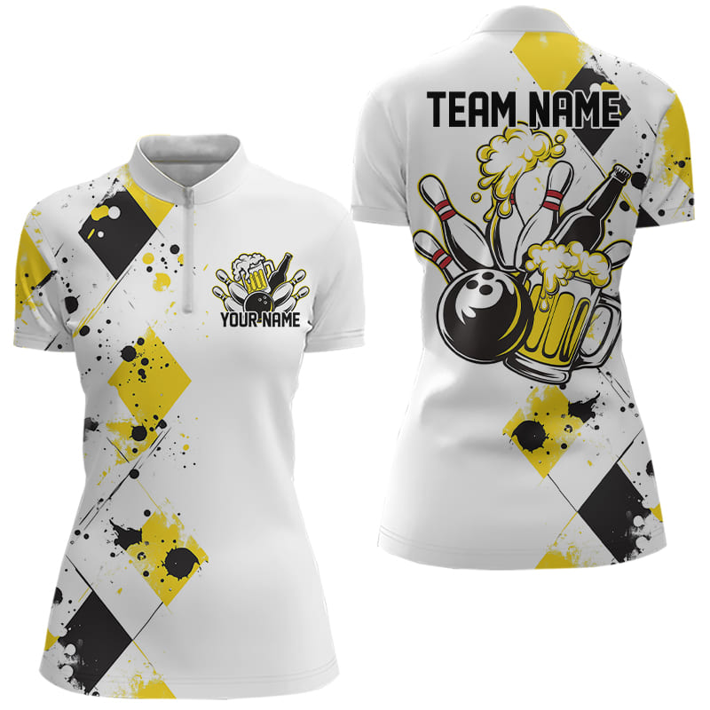 Yellow Argyle Pattern Custom Funny Bowling And Beer Team Quarter-Zip Shirts For Women IPHW8889