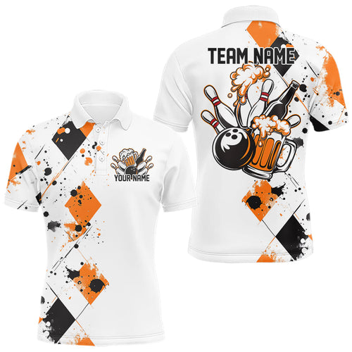 Orange Argyle Pattern Custom Funny Bowling And Beer Team Polo Shirts For Men IPHW8890
