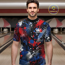 Load image into Gallery viewer, A male model in a red white and blue splatter patriotic bowling jersey at a bowling alley.
