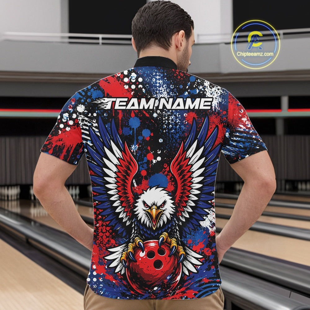 Male model showcasing the back design of the custom splatter eagle patriotic bowling men's quarter-zip shirt.
