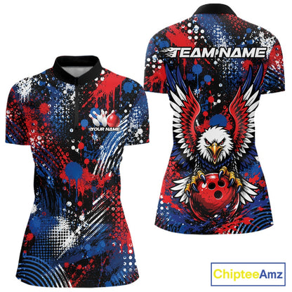 Front and back views of a bowling quarter zip shirt with red, blue, white, and black splatter graphics, bowling pins on the chest, and an eagle gripping a red bowling ball on the back.