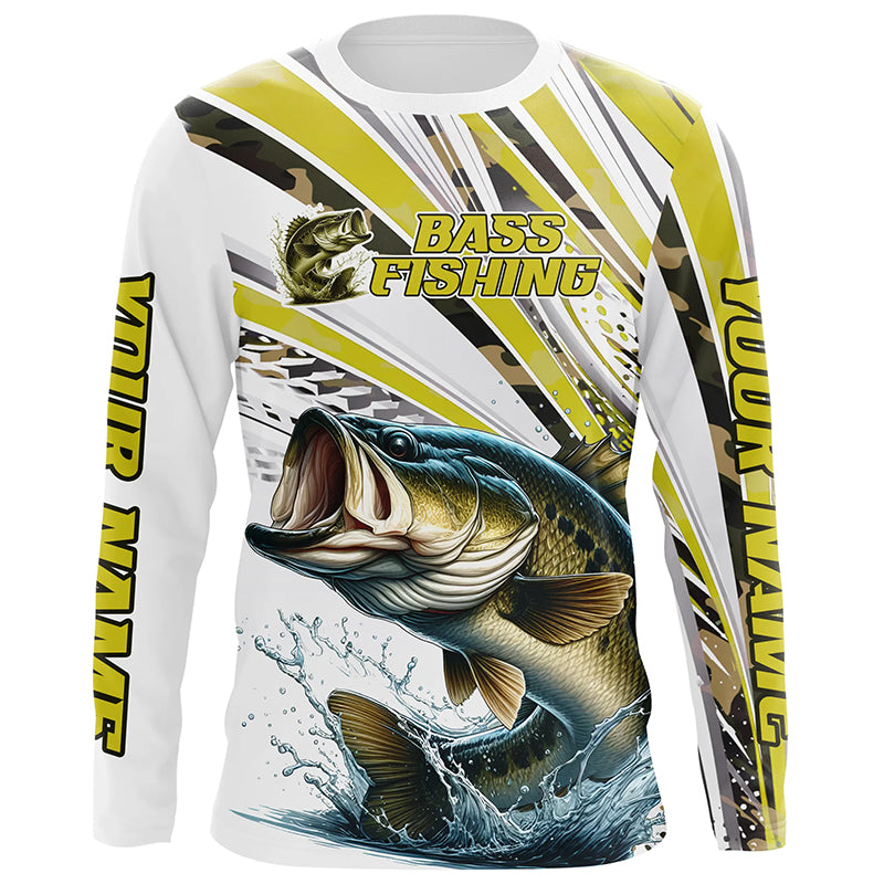 Personalized Largemouth Bass Fishing Jerseys, Custom Bass Long Sleeve Fishing Shirts Camo IPHW6797