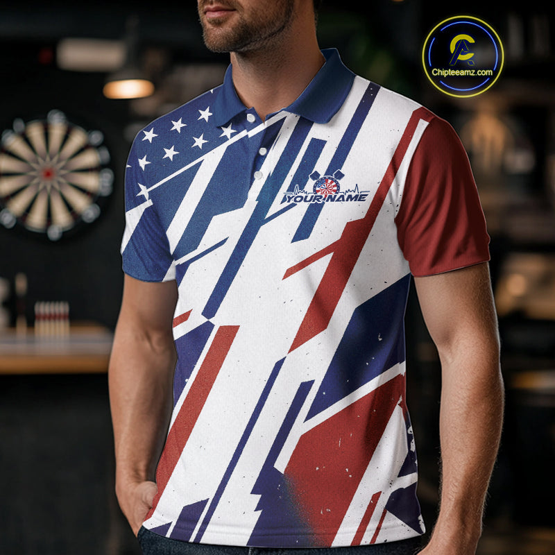 Custom Red, White And Blue Patriotic Dart Jerseys, US Flag Dart Team Men Polo Shirt IPHW9694