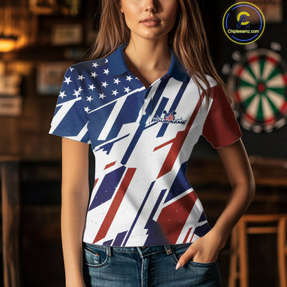 Custom Red, White And Blue Patriotic Dart Jerseys, US Flag Dart Team Women Polo Shirt IPHW9694
