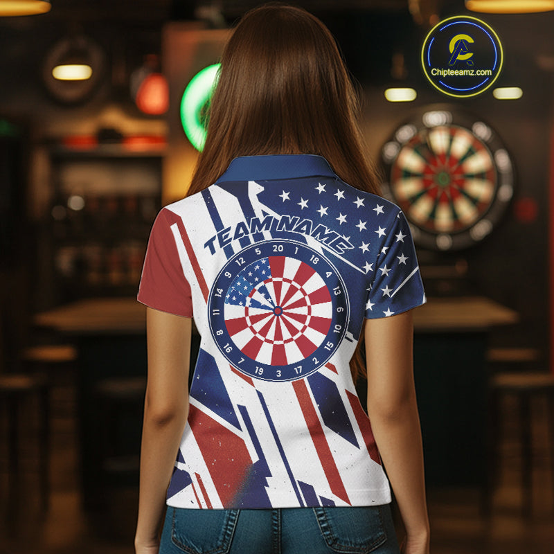 Custom Red, White And Blue Patriotic Dart Jerseys, US Flag Dart Team Women Polo Shirt IPHW9694