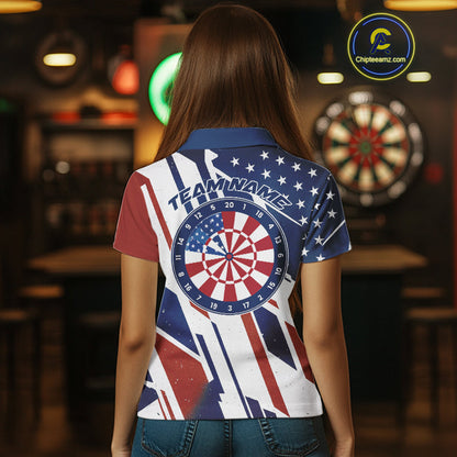 Custom Red, White And Blue Patriotic Dart Jerseys, US Flag Dart Team Women Polo Shirt IPHW9694