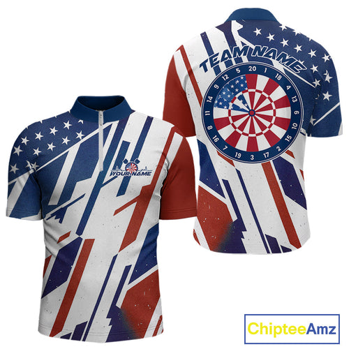 Custom Red, White And Blue Patriotic Dart Jerseys, US Flag Dart Team Men Quarter-Zip Shirt IPHW9694