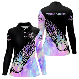 Strike Bowling Women Long Sleeve Polo Shirt, Custom Hologram Bowling Team Shirt Bowler Outfit IPHW5242