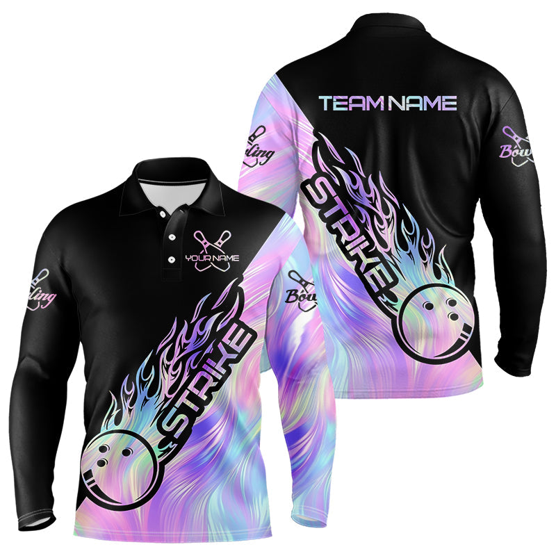 Strike Bowling Long Sleeve Polo Shirts For Men, Custom Hologram Bowling Team Shirts Bowler Outfit IPHW5242