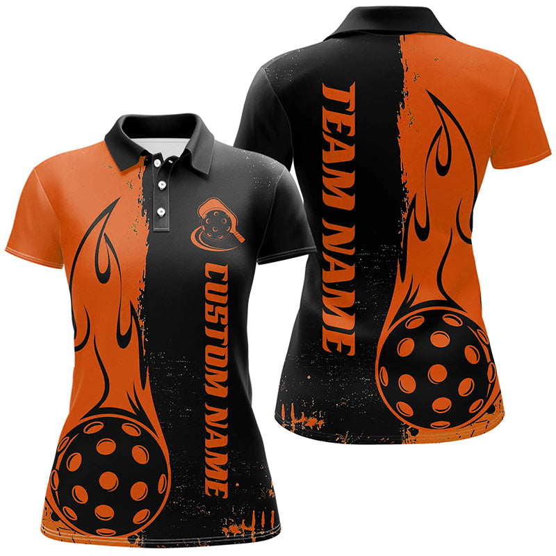 Black And Orange Custom Flame Ladies Pickleball Shirts, Pickleball Team Shirt Outfit IPHW7457